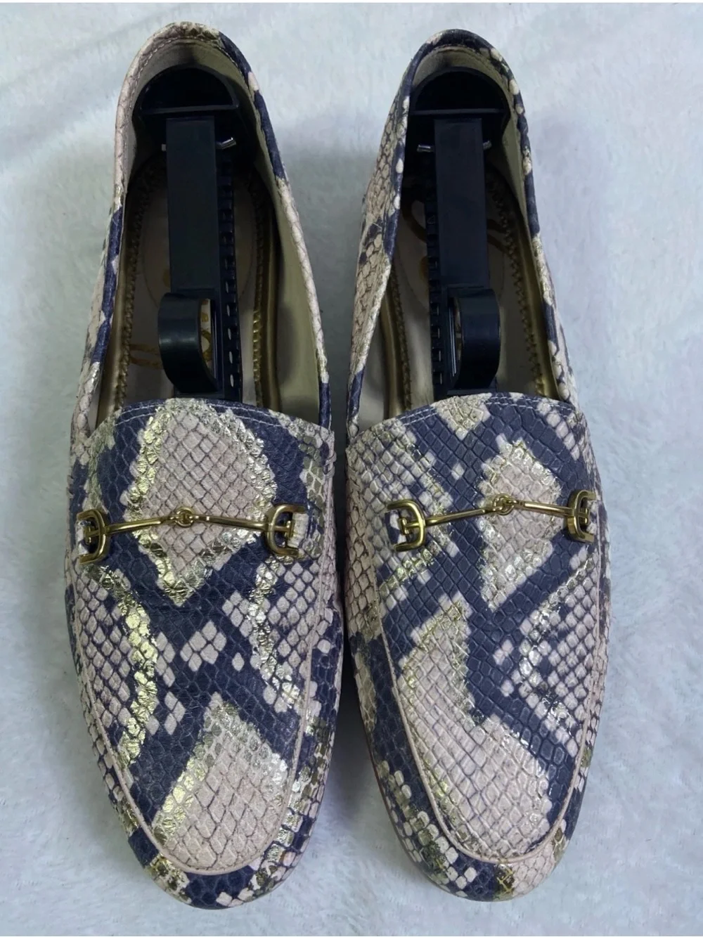 Sam Edelman Navy & Cream Snake-Print Loafers with Gold Bit